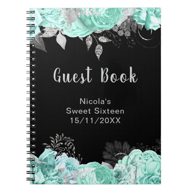 Elegant Green and Silver Flowers Sweet Sixteen Notebook (Front)