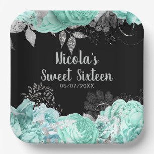 Elegant Green and Silver Flowers Sweet Sixteen Paper Plate