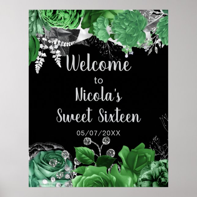 Elegant Green and Silver Flowers Sweet Sixteen  Poster (Front)