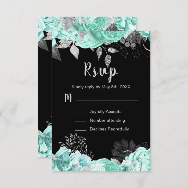 Elegant Green and Silver Flowers Sweet Sixteen RSVP Card (Front/Back)