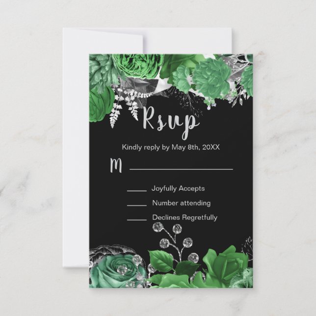 Elegant Green and Silver Flowers Sweet Sixteen  RSVP Card (Front)