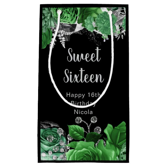 Elegant Green and Silver Flowers Sweet Sixteen  Small Gift Bag (Front)
