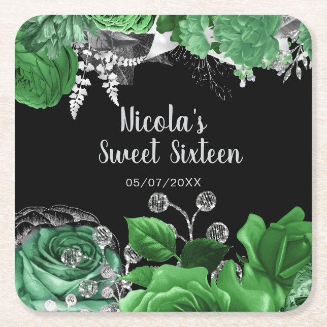 Elegant Green and Silver Flowers Sweet Sixteen  Square Paper Coaster (Front)