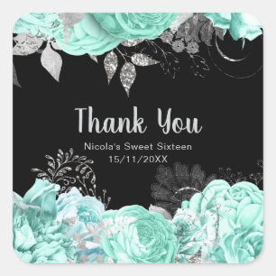 Elegant Green and Silver Flowers Sweet Sixteen Square Sticker