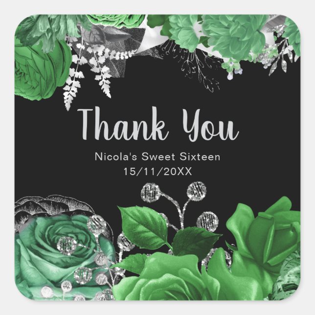 Elegant Green and Silver Flowers Sweet Sixteen  Square Sticker (Front)