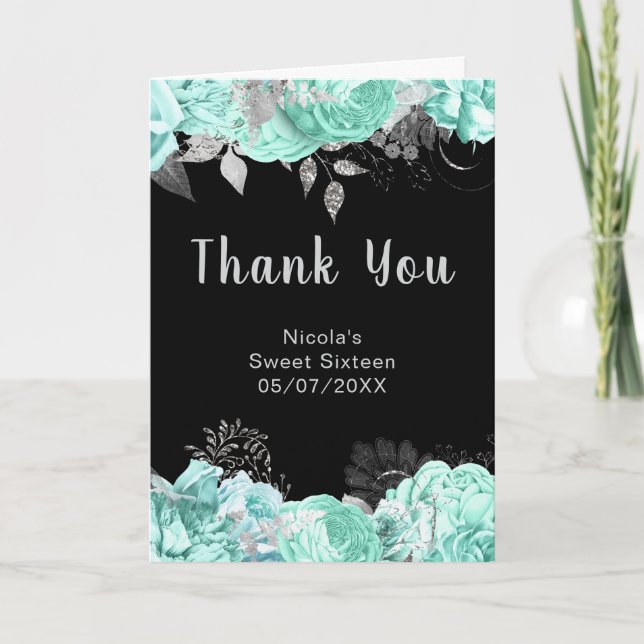 Elegant Green and Silver Flowers Sweet Sixteen Thank You Card (Front)