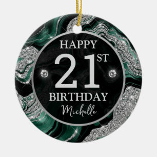 Elegant Green and Silver Glitter Agate Birthday Ceramic Tree Decoration