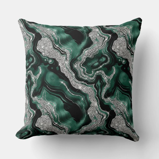 Elegant Green and Silver Glitter Agate Pattern Cushion (Front)