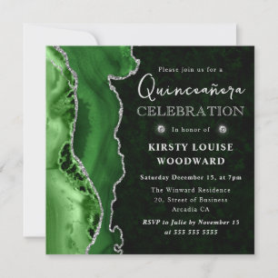 Elegant Green and Silver Glitter Agate Quinceanera Invitation