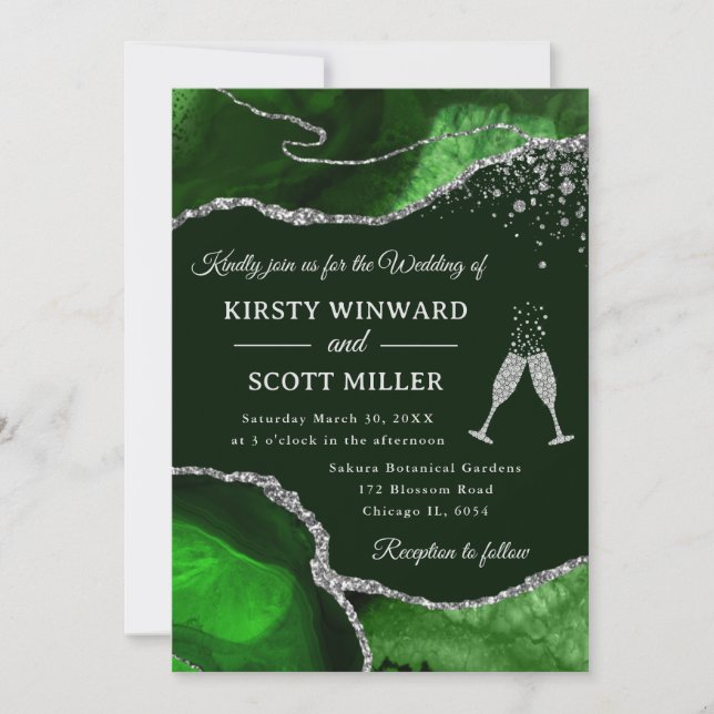 Elegant Green and Silver Glitter Agate Wedding Invitation (Front)