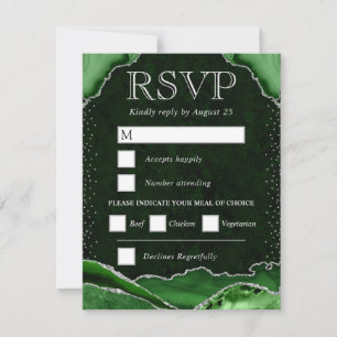 Elegant Green and Silver Glitter Agate Wedding RSVP Card