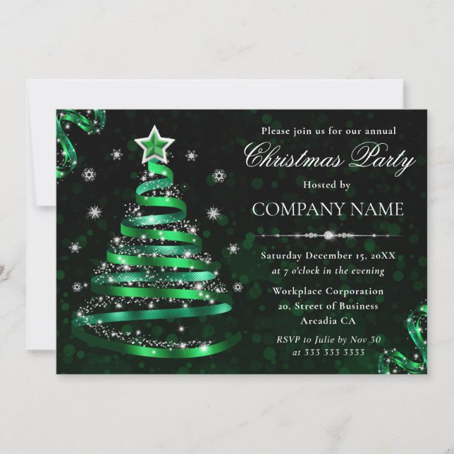 Elegant Green and Silver Sparkly Christmas Tree  Invitation (Front)