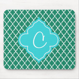 Elegant green and teal quatrefoil monogram mouse pad
