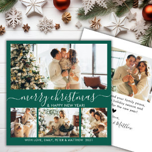 Elegant Green and White  4 Photo Collage Christmas Holiday Card