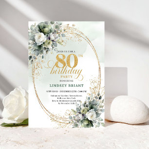 Elegant Green and White 80th Birthday Invitation