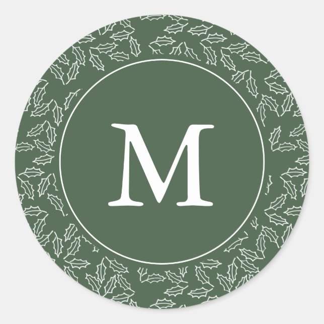 Elegant Green and White Holly Monogram Holiday Classic Round Sticker (Front)
