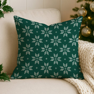 Elegant Green and White Nordic Snowflake Holiday Cushion