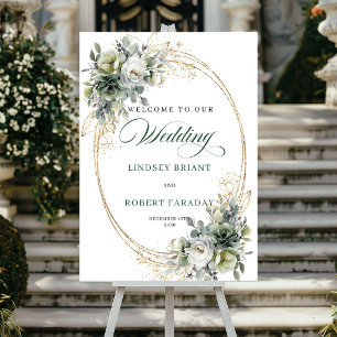 Elegant Green and White Wedding Welcome Sign