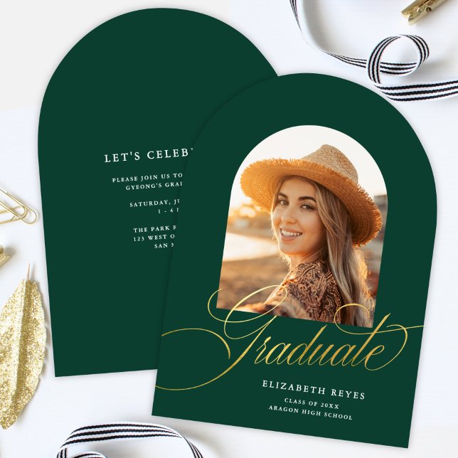 Elegant Green Arch Photo Graduation Announcement (Creator Uploaded)