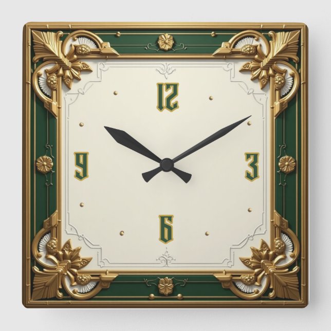 Elegant Green Art Deco Square Wall Clock (Front)