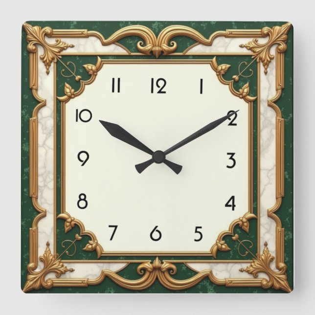 Elegant Green Art Deco Square Wall Clock (Front)