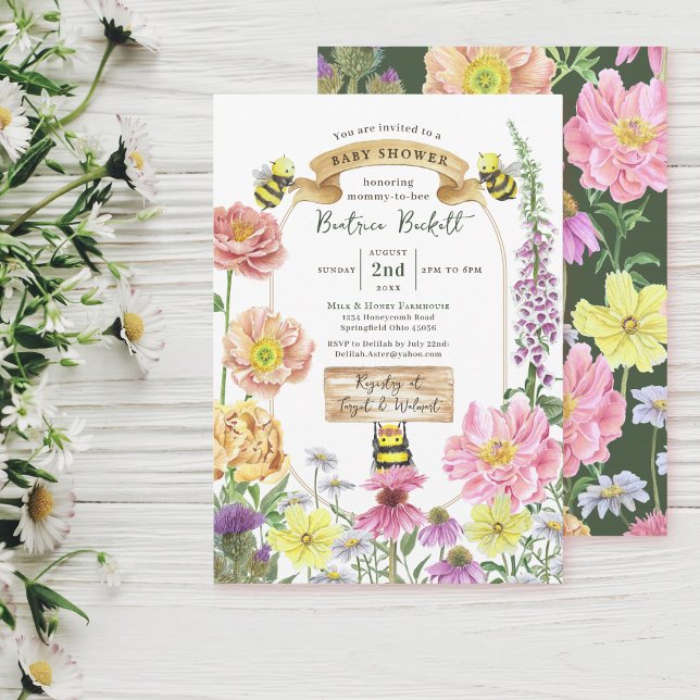 Elegant Green Bee and Wildflower Baby Shower Invitation (Creator Uploaded)