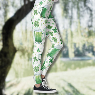 Elegant Green Beer Mugs and Shamrocks White Leggings