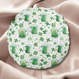 Elegant Green Beer Mugs and Shamrocks White Round Cushion