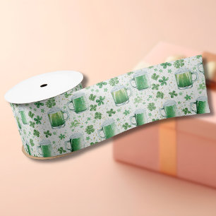 Elegant Green Beer Mugs and Shamrocks White Satin Ribbon