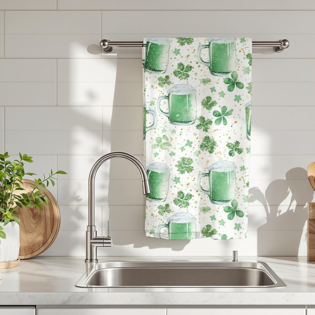 Elegant Green Beer Mugs and Shamrocks White Tea Towel (Creator Uploaded)