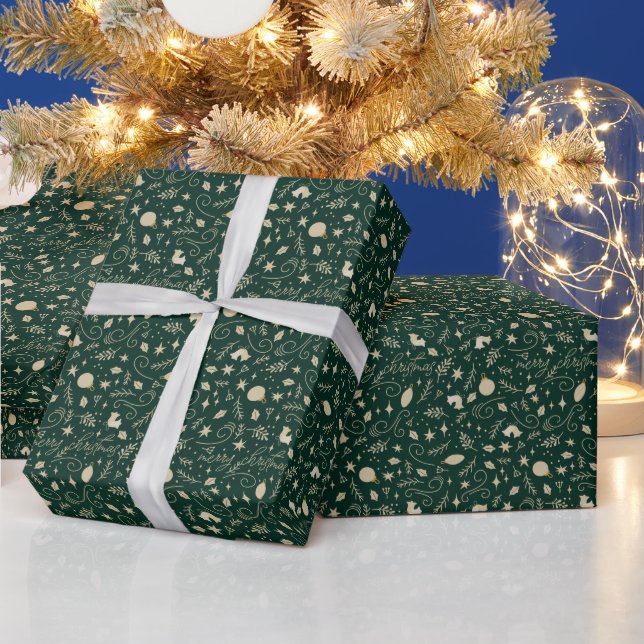 Elegant Green & Beige Christmas Element Monogram Wrapping Paper (Holidays)