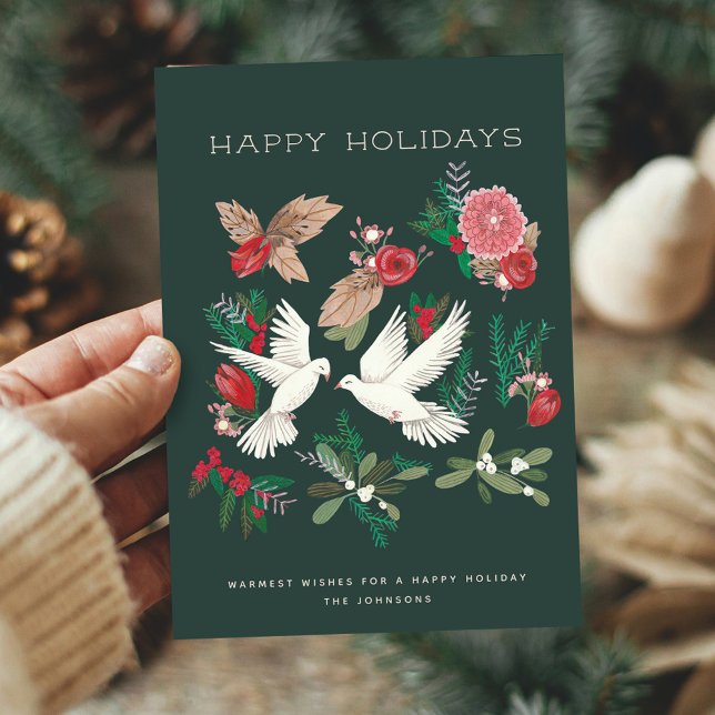 Elegant Green & Beige Dove Birds Floral Holiday Card (Elegant Green & Beige Dove Birds Floral Holiday Card)