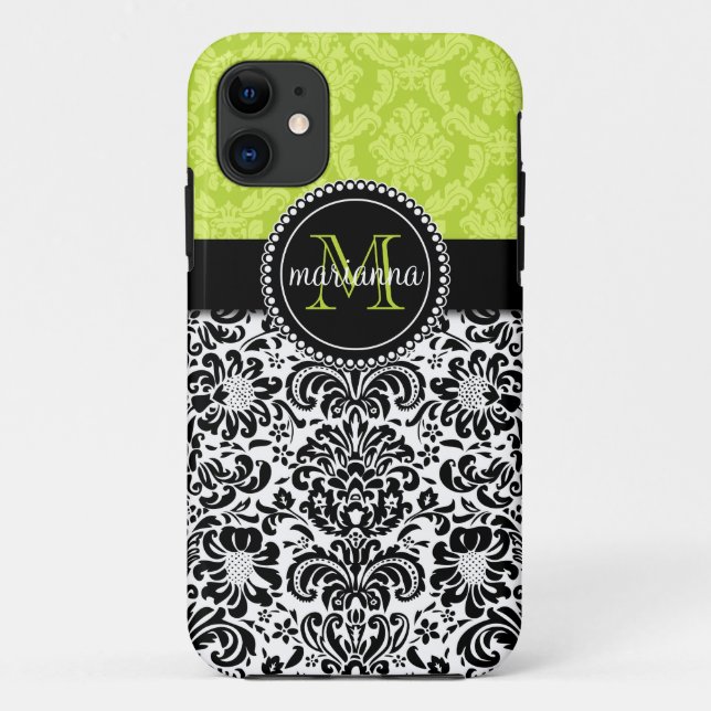 Elegant Green Black Damask Personalised Case-Mate iPhone Case (Back)