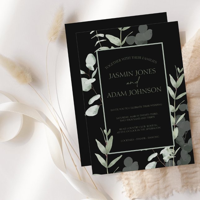Elegant Green Black Eucalyptus Wedding Invitation (Creator Uploaded)