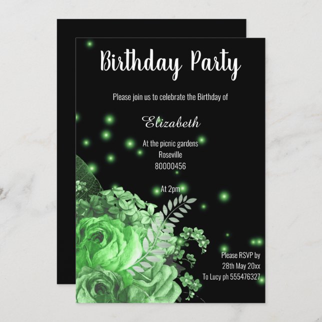 ELEGANT GREEN BLACK FLORAL BIRTHDAY INVITATION (Front/Back)