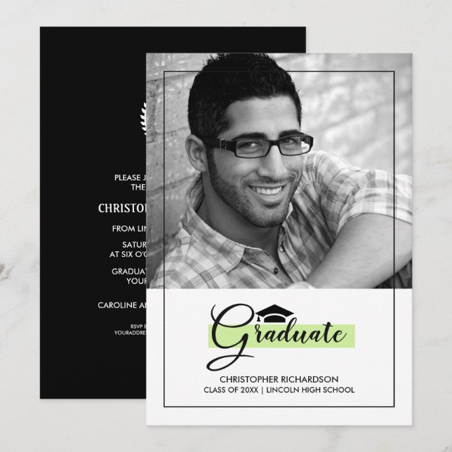Elegant Green | Black Graduation Party Photo Cards (Front/Back)