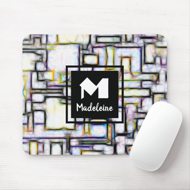 Elegant Green Black Modern Square Trendy Monogram Mouse Pad (With Mouse)