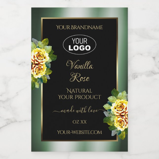 Elegant Green Black Product Label Yellow Rose Logo (Single Label)