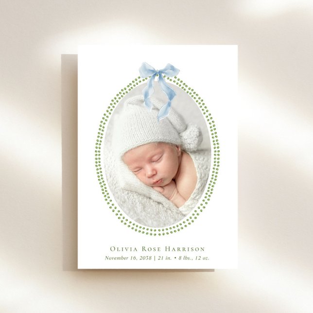 Elegant Green Blue Bow Watercolor Photo Birth Announcement (Announce the arrival of your precious baby in a way that is as beautiful and unique as they are)