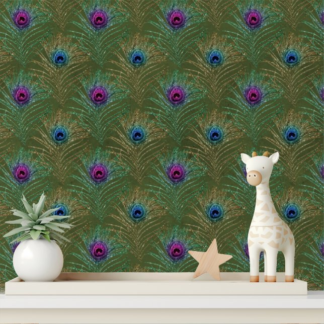 Elegant Green Blue Glitter Peacock Feathers Chic Wallpaper (Creator Uploaded)
