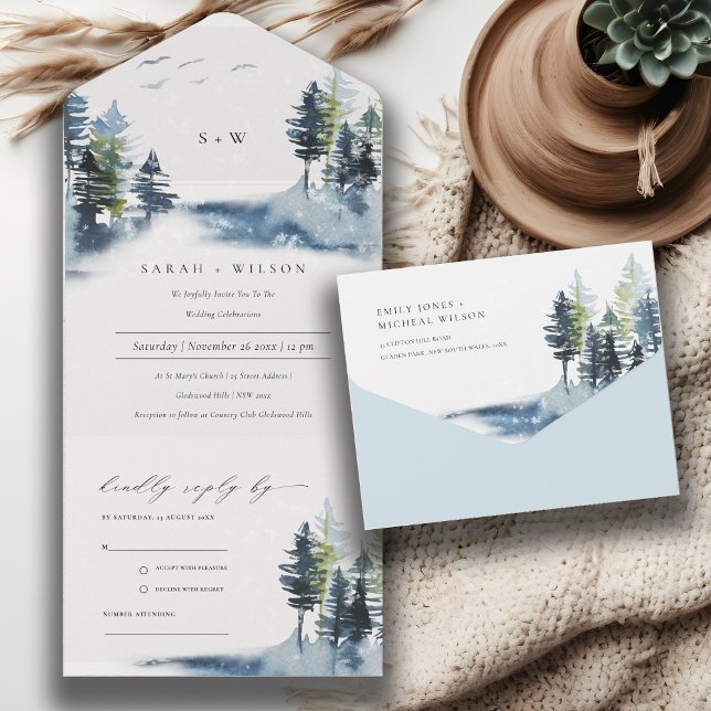 Elegant Green Blue Pine Woods Forest Birds Wedding All In One Invitation (Creator Uploaded)