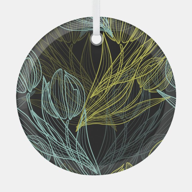 Elegant green, blue tulips pattern glass tree decoration (Front)