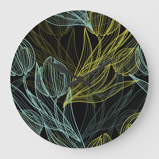 Elegant green, blue tulips pattern large clock (Front)