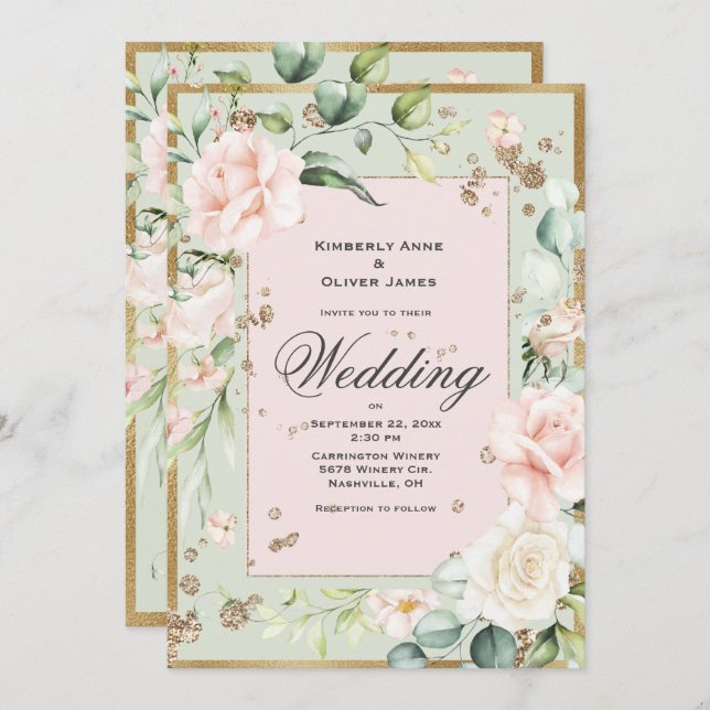 Elegant Green Blush Floral Wedding Invitation (Front/Back)