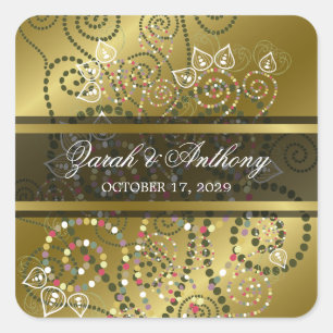 Elegant Green Boho Dot Spirals Gold Ethnic Wedding Square Sticker