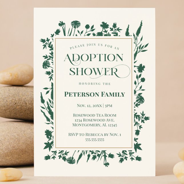 Elegant Green Botanical Adoption Shower Invitation (Forest Green botanical wildflower Adoption  baby shower invitation customizable Registry QR code )