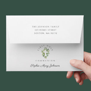 Elegant Green Botanical Cross First Communion Envelope