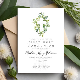 Elegant Green Botanical Cross First Communion Invitation