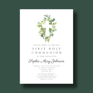 Elegant Green Botanical Cross First Communion Invitation