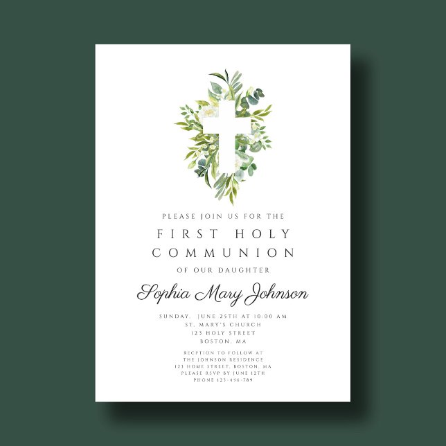 Elegant Green Botanical Cross First Communion Invitation (Elegant Green Botanical Cross First Communion Invitation)
